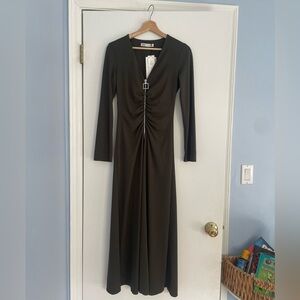 Zara Women Long Maxi Dress in Dark Green Size S Zip-Up Front